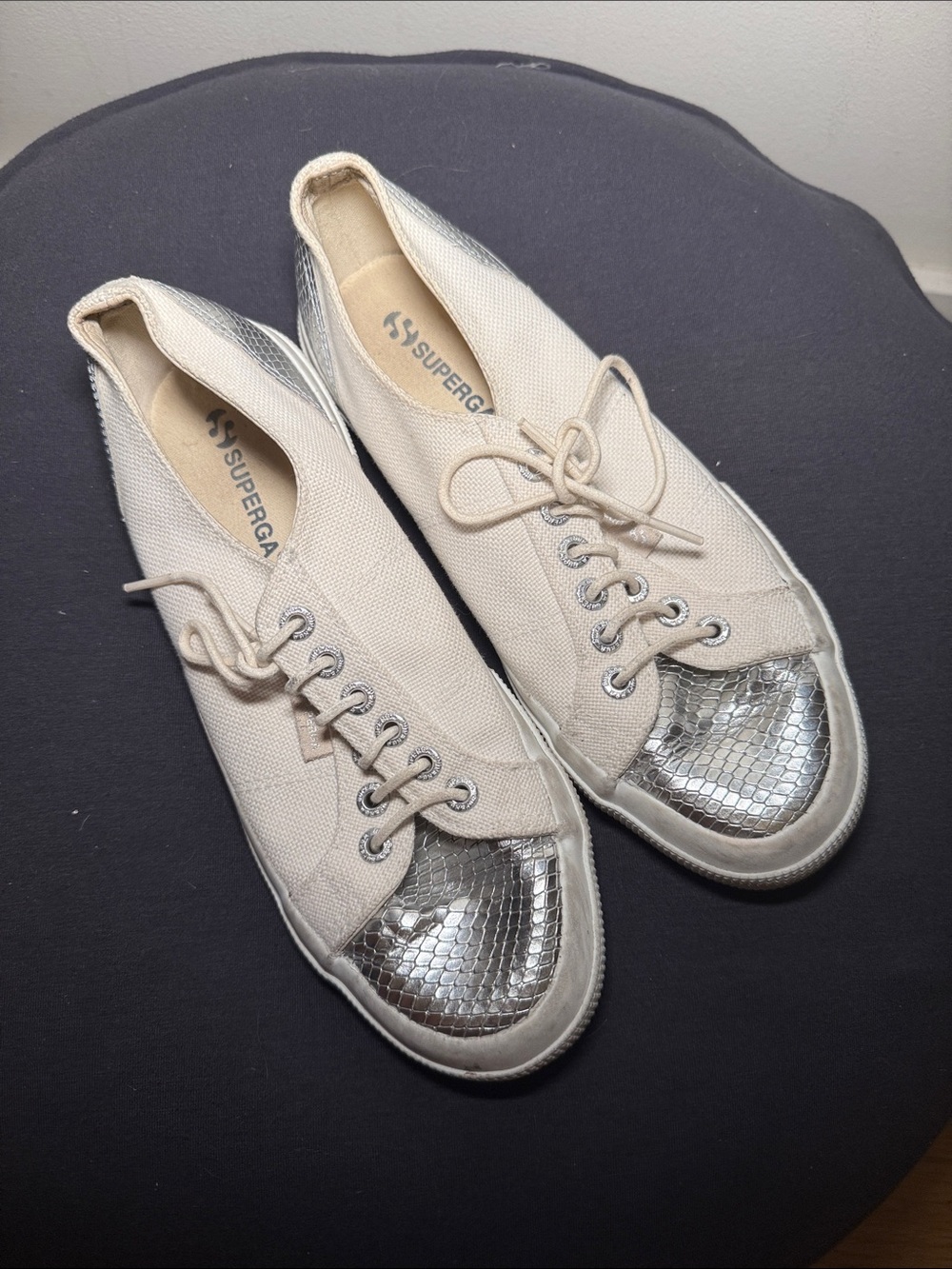 Superga Cream Canvas Sneakers with Silver Textured Toe